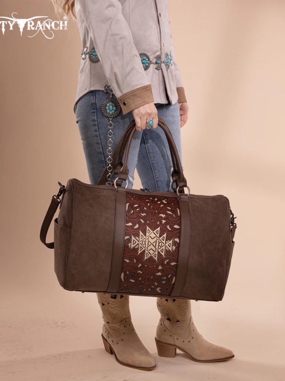 Trinity Ranch Floral Aztec Tooled Collection Weekender Bag Coffee - Picture 5 of 8